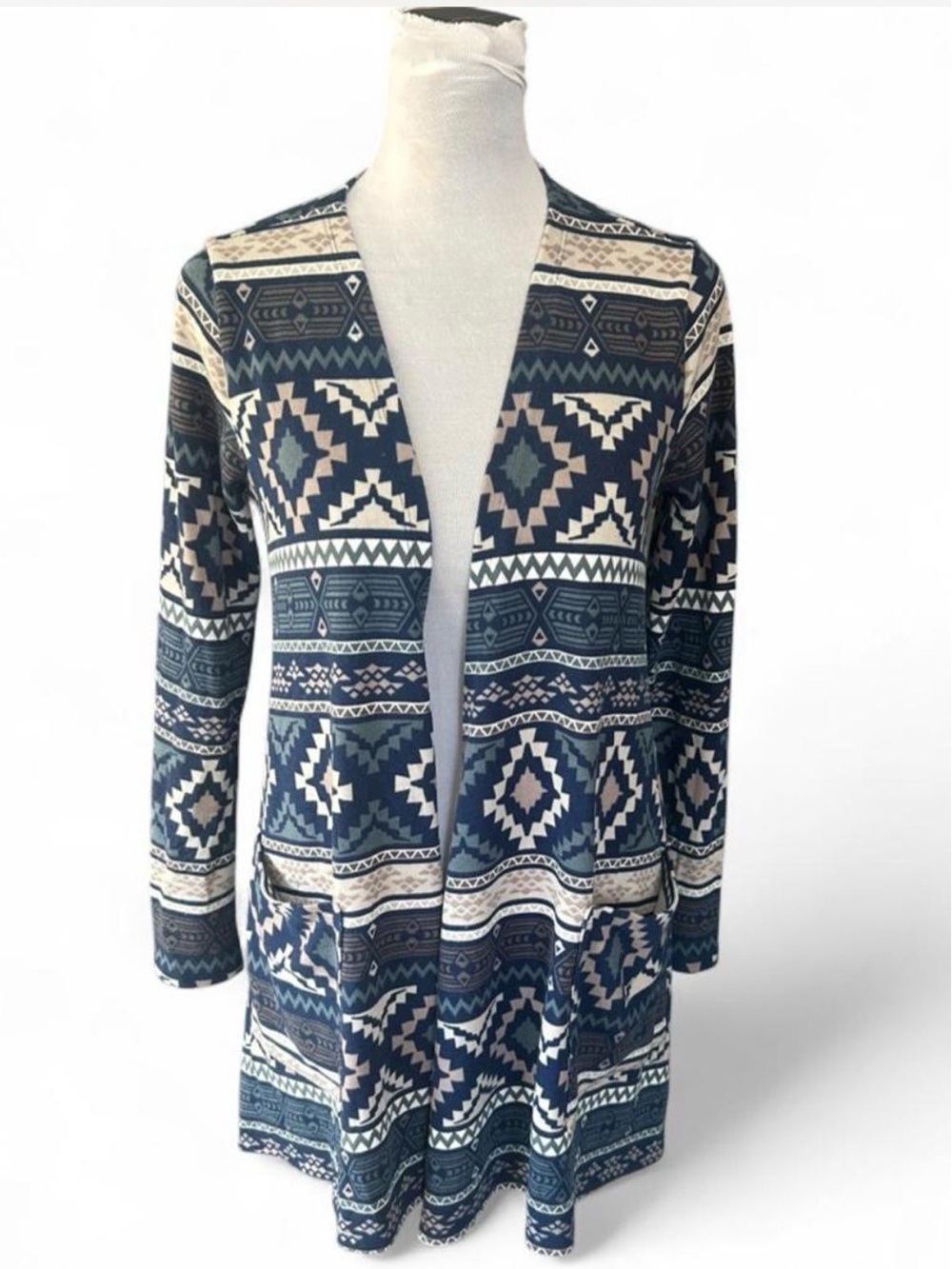 LulaRoe blue and white geometric pattern cardigan in size S